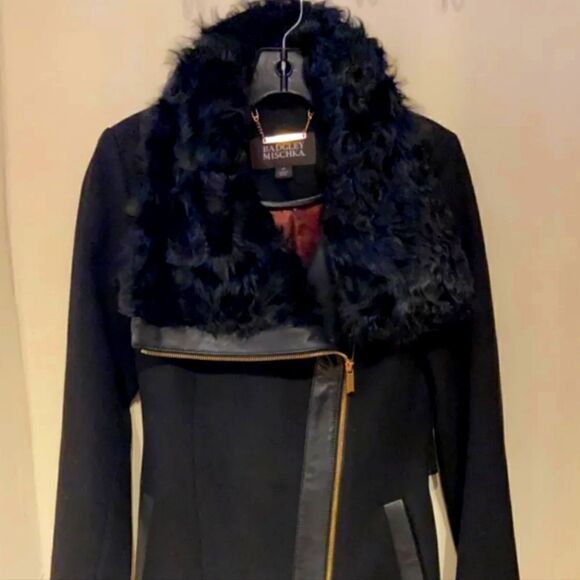NEW Badgley Mischka willow leather trim fur collar zip coat size L
